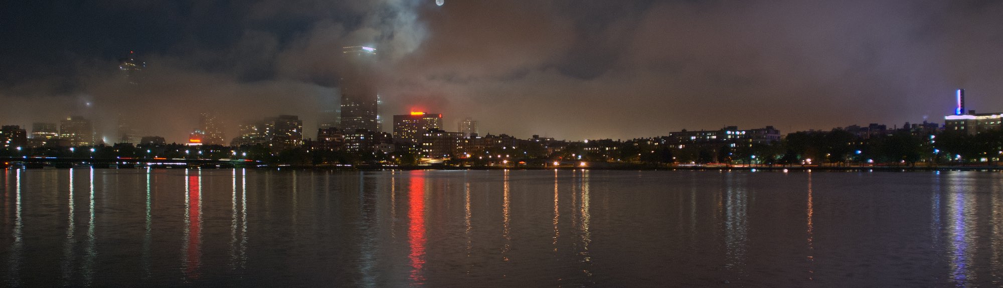 Moonlit fog, the Boston skyline, and the Charles River