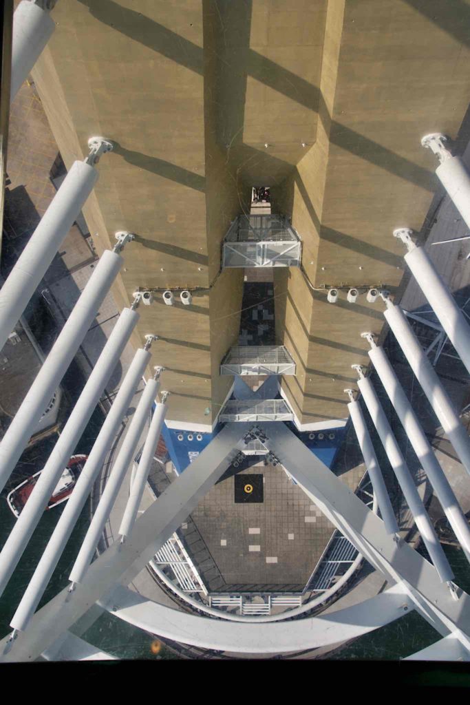 Looking down through the glass floor of the spinnaker tower