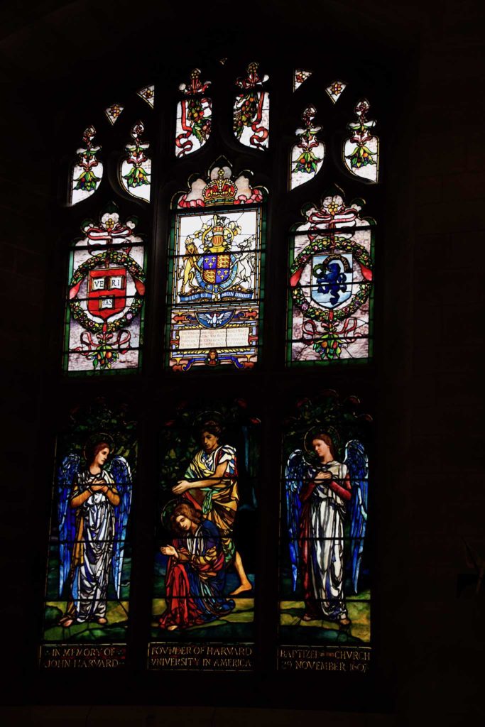 Stained glass window inside the Harvard Chapel