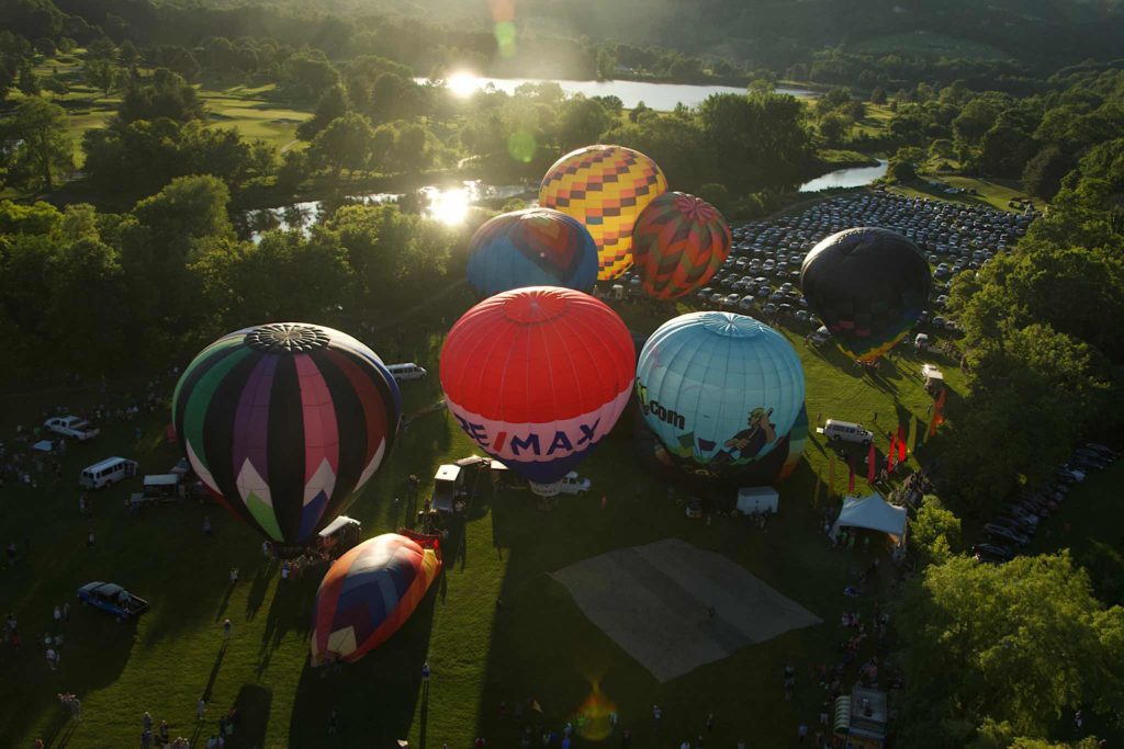 Looking back down at the balloons ready to lift off