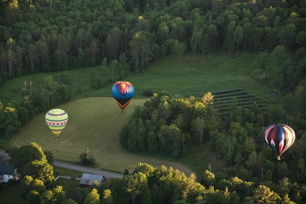 Balloons landing in a field
