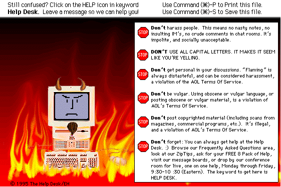Online don'ts illustrated with a devilish mean Mac burning in hell