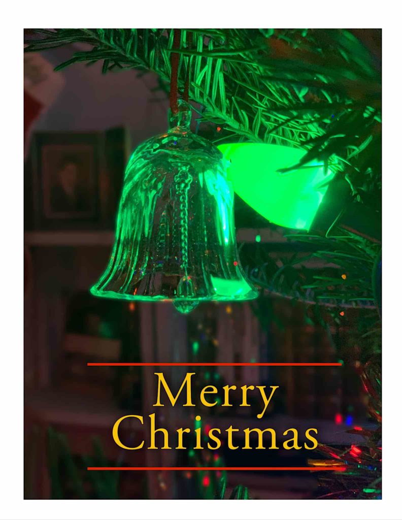 2020 Christmas Card - Glass bell ornament with the words "Merry Christmas"