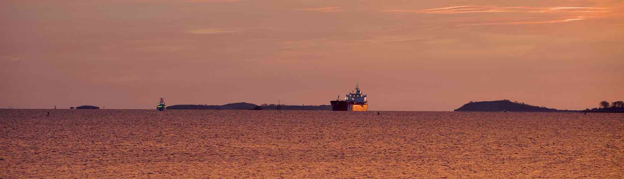 Tanker entering Boston Harbor at dawn