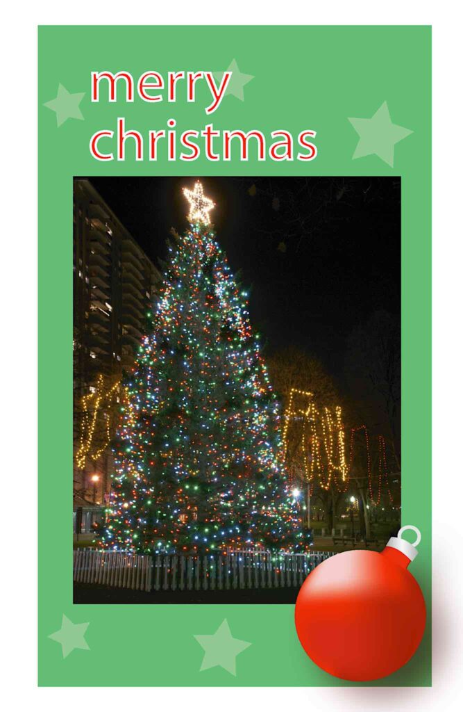 2010 Card - 'Merry Christmas' with a Christmas tree and illustrated ornament.