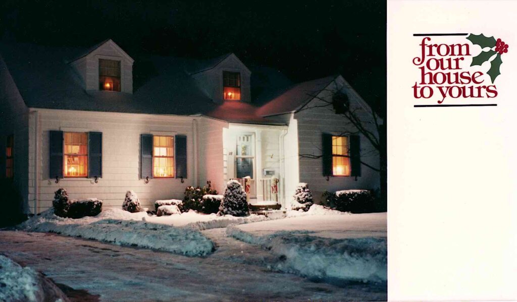 Original photographic greeting card showing the house in snow at night