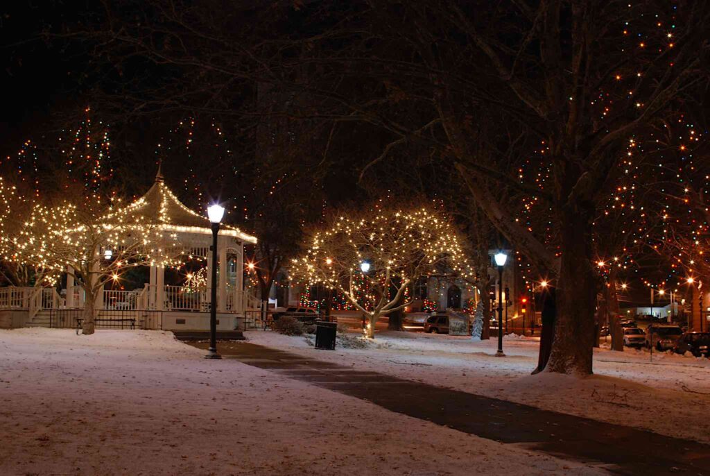 Gazebo with lights and snow, shoveled path, and trash barrel visible.