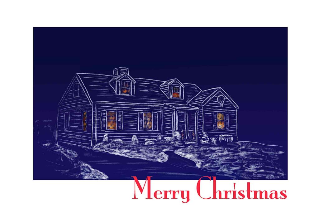 Finished card - Merry Christmas above a sketch of the house