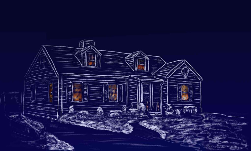 Sketch of the house in white digital chalk on a dusky blue background