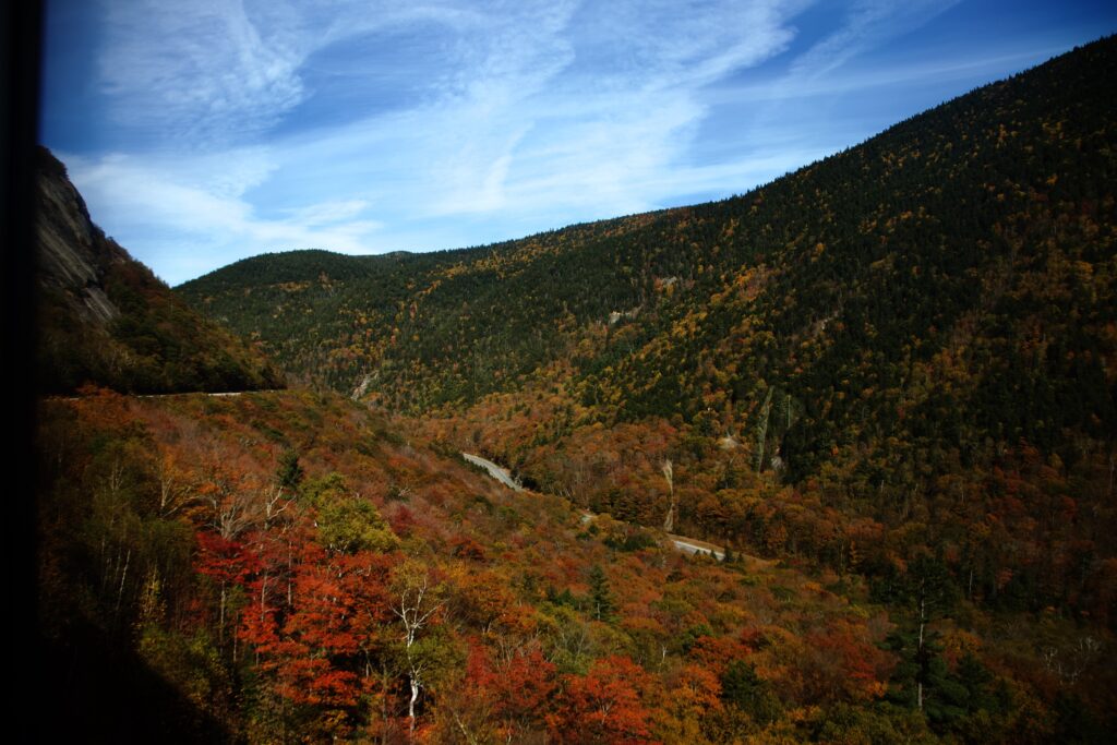 The tracks ahead, the road below, and fall foliage