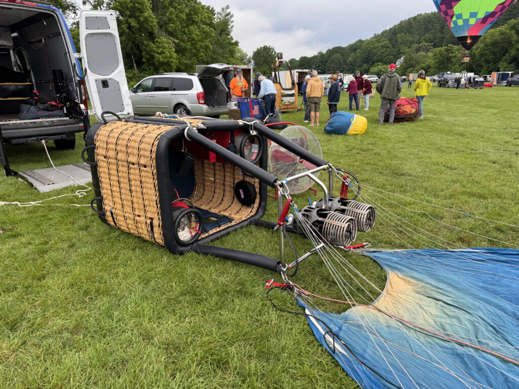 Balloon basket, burners, attached to the envelope.